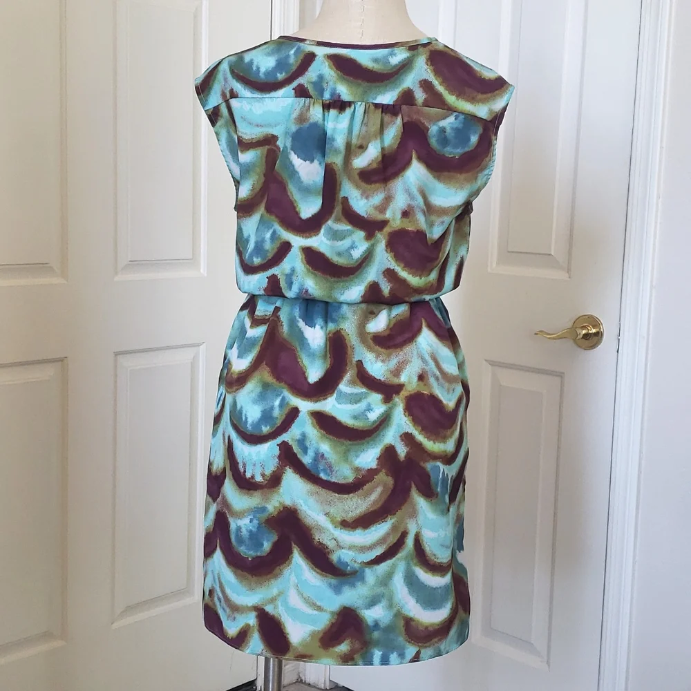 LOFT Teal Maroon Print Dress V-neck Cinched Waist Retro Flair SIZE 6P PETITE